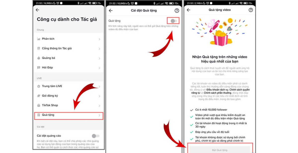 cách bật quà tặng trên tiktok