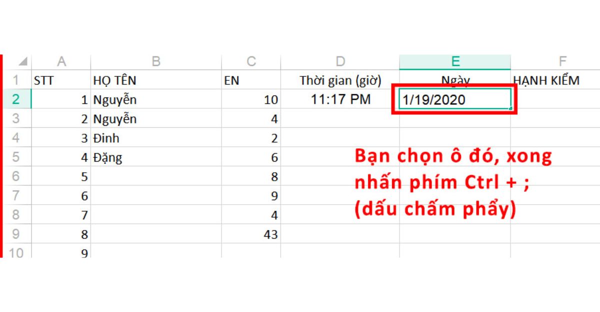 Phím tắt nhập và sửa dữ liệu