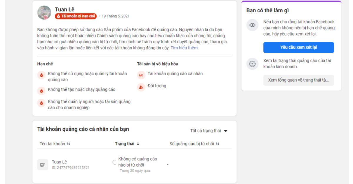 Tài khoản quảng cáo bị khóa do lỗi vi phạm chính sách nội dung của Facebook