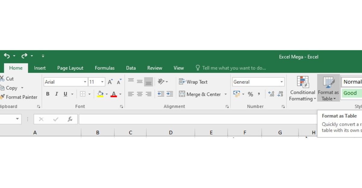 Tạo bảng trong Excel với Format as Table Bước 1