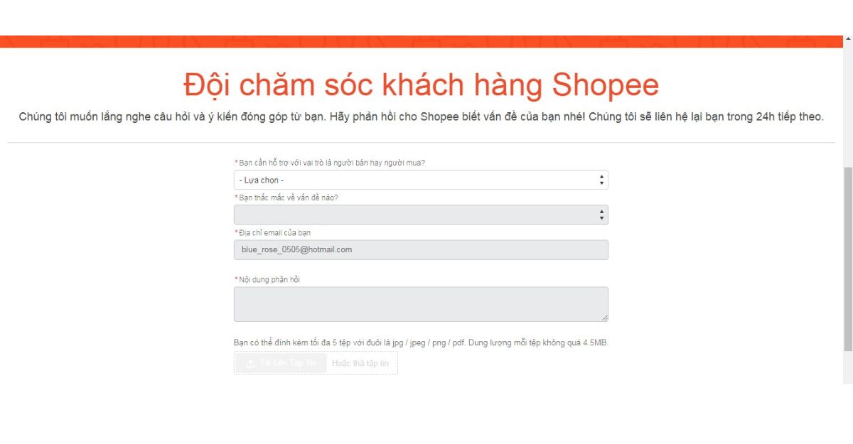 Cách liên hệ Chăm sóc khách hàng Shopee bằng gửi yêu cầu hỗ trợ qua form đăng ký