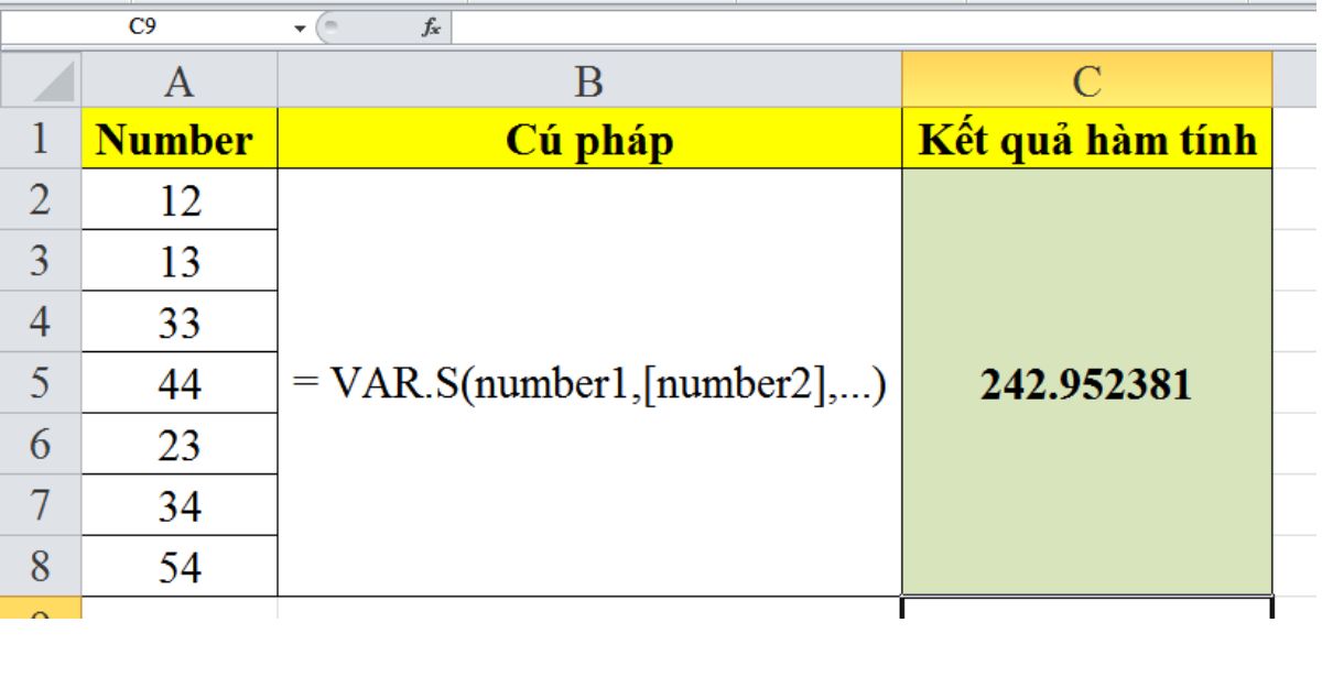 Cách sử dụng hàm var trong excel ước tính phương sai