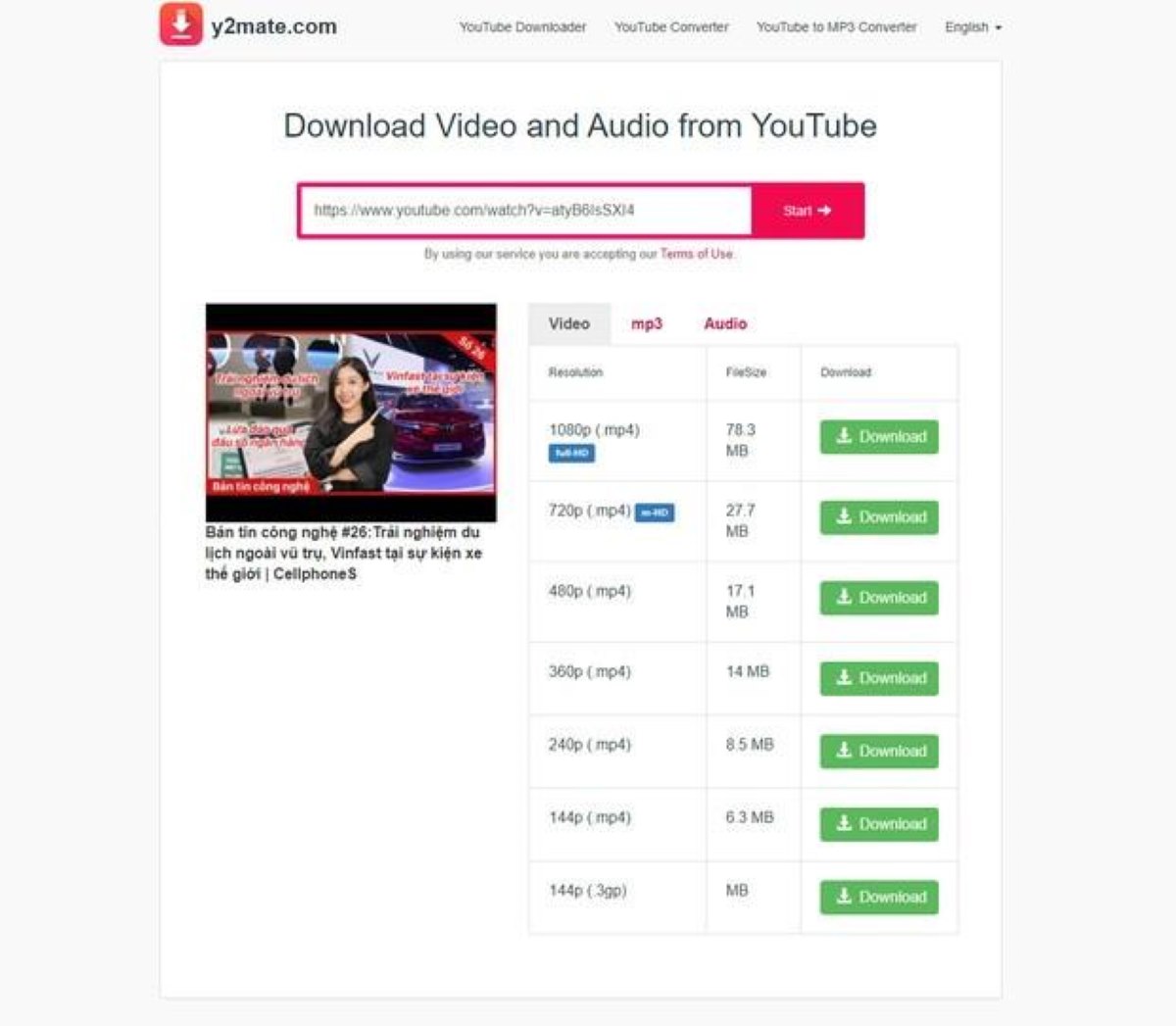 Cách tải nhạc Youtube về MP3 bằng website y2matecom bước2