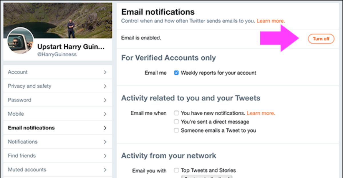 Bạn đã tắt thông báo từ Twitter trên thiết bị của bạn hoặc trên email
