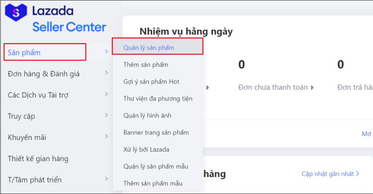Bước 2_ Chọn mục _Sản phẩm_ trong menu bên trái