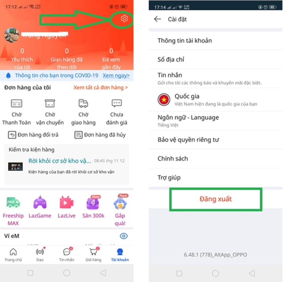Cách đăng xuất tài khoản Lazada trên thiết bị khác bằng thiết bị di động bước4