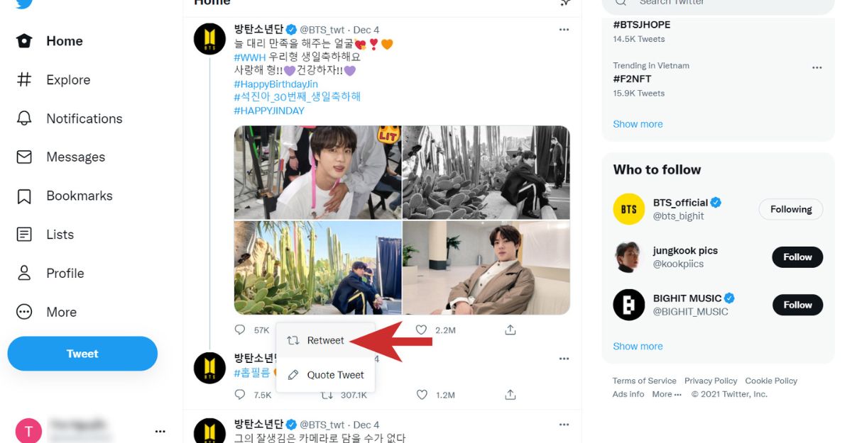 Cách retweet trên Twitter bằng máy tính