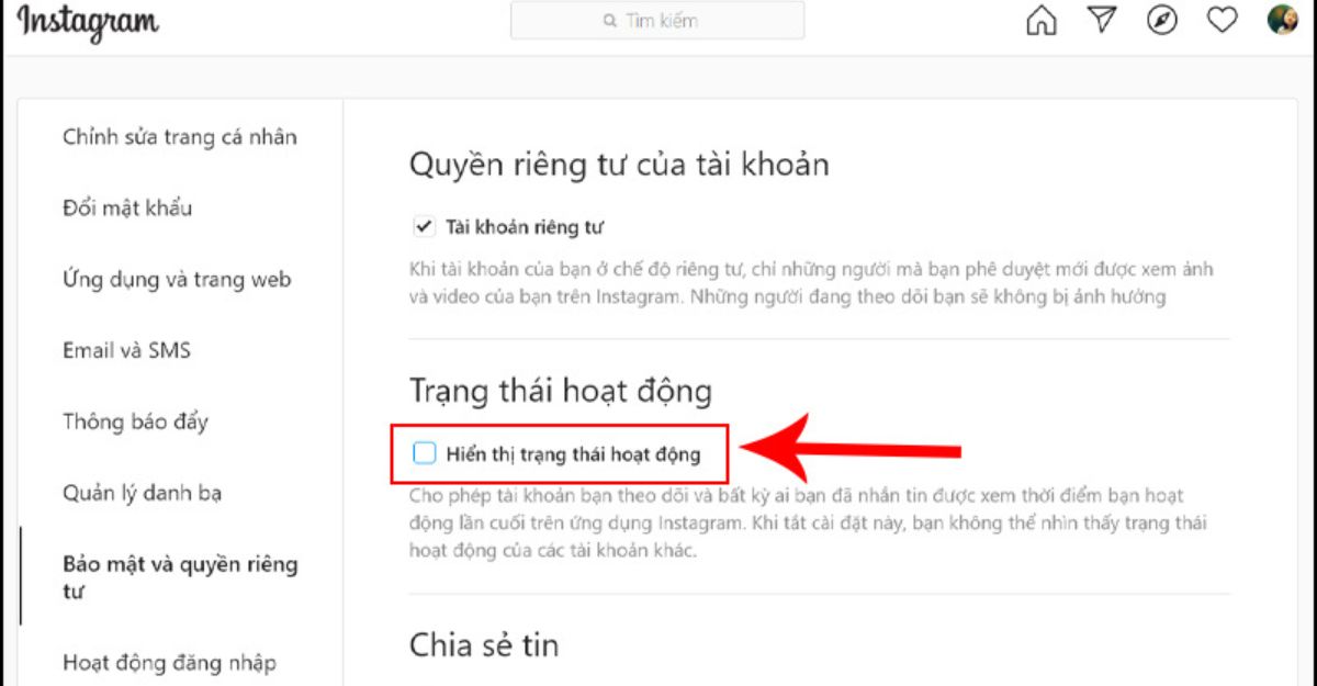 Cách tắt hoạt động trên instagram trên máy tính