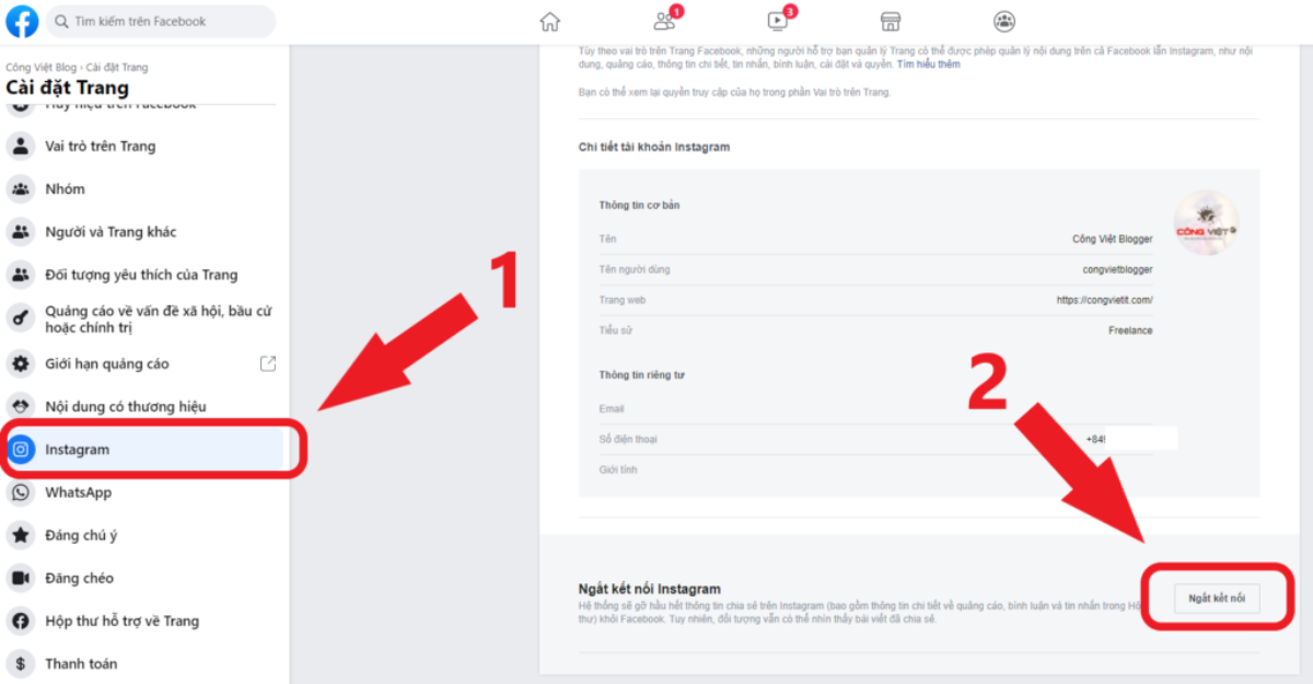 Cách tắt liên kết Instagram với Facebook từ Facebook