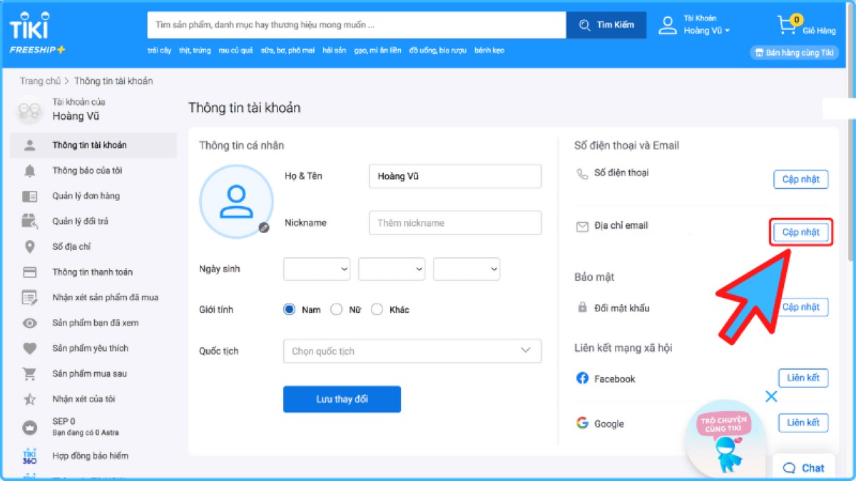 Cách thay đổi email trên Tiki bước3