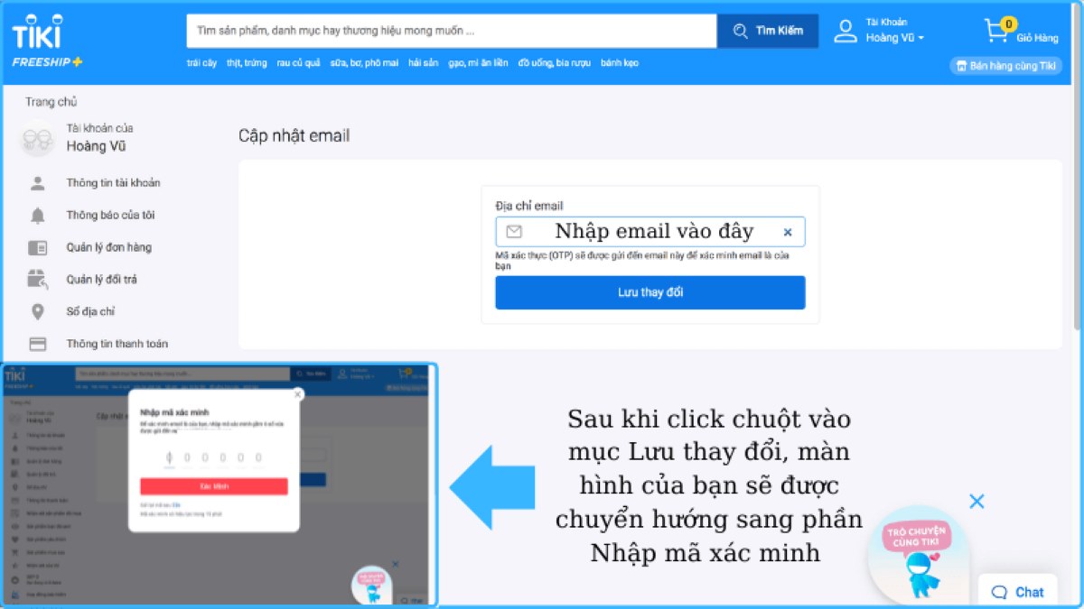 Cách thay đổi email trên Tiki bước4