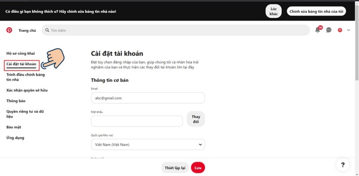 Cách xóa tài khoản Pinterest trên máy tính bước 3
