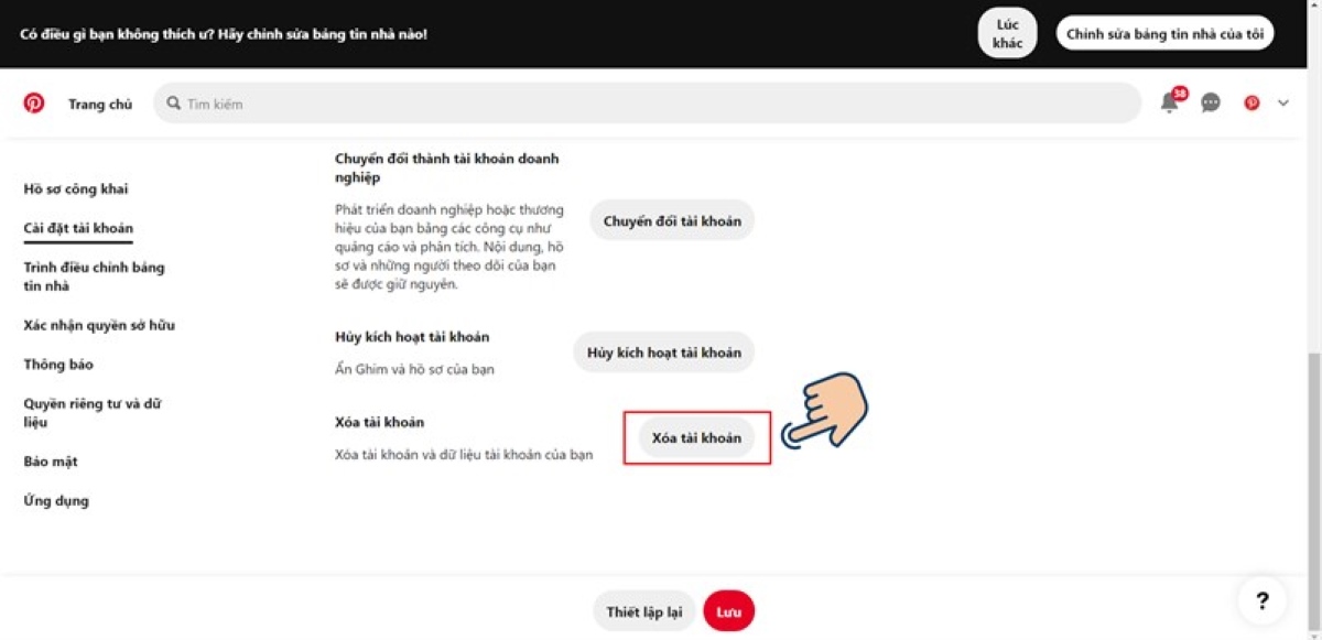 Cách xóa tài khoản Pinterest trên máy tính bước 4