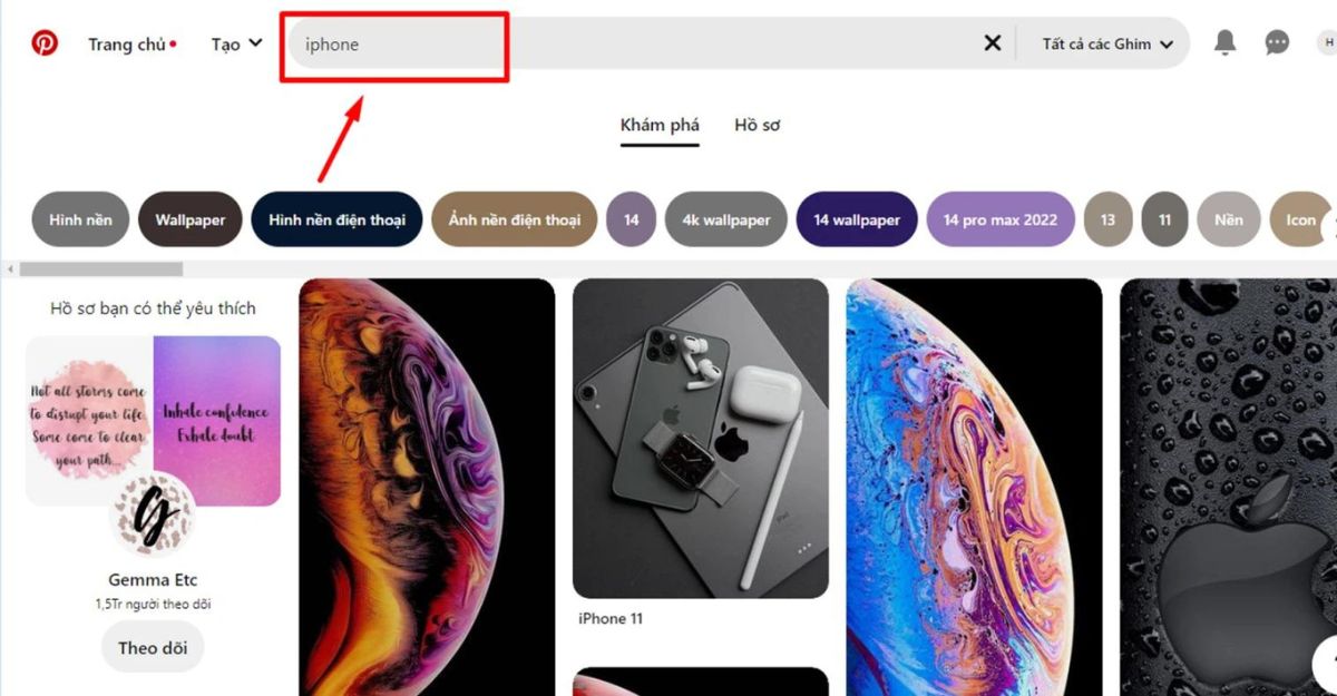 Thông qua thanh tìm kiếm của Pinterest