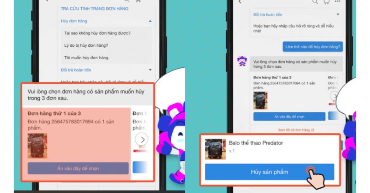 Cách hủy đơn hàng lazada qua chatbot CLEO