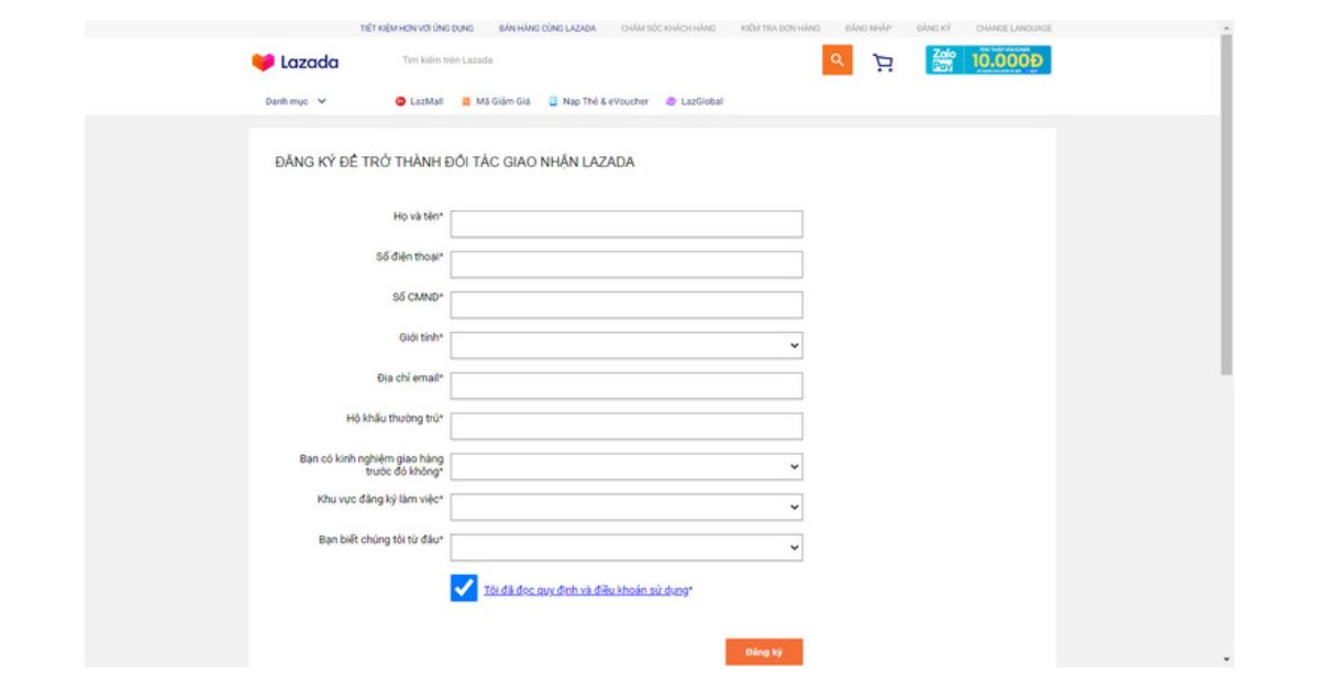 Đăng ký giao hàng Lazada qua trang web