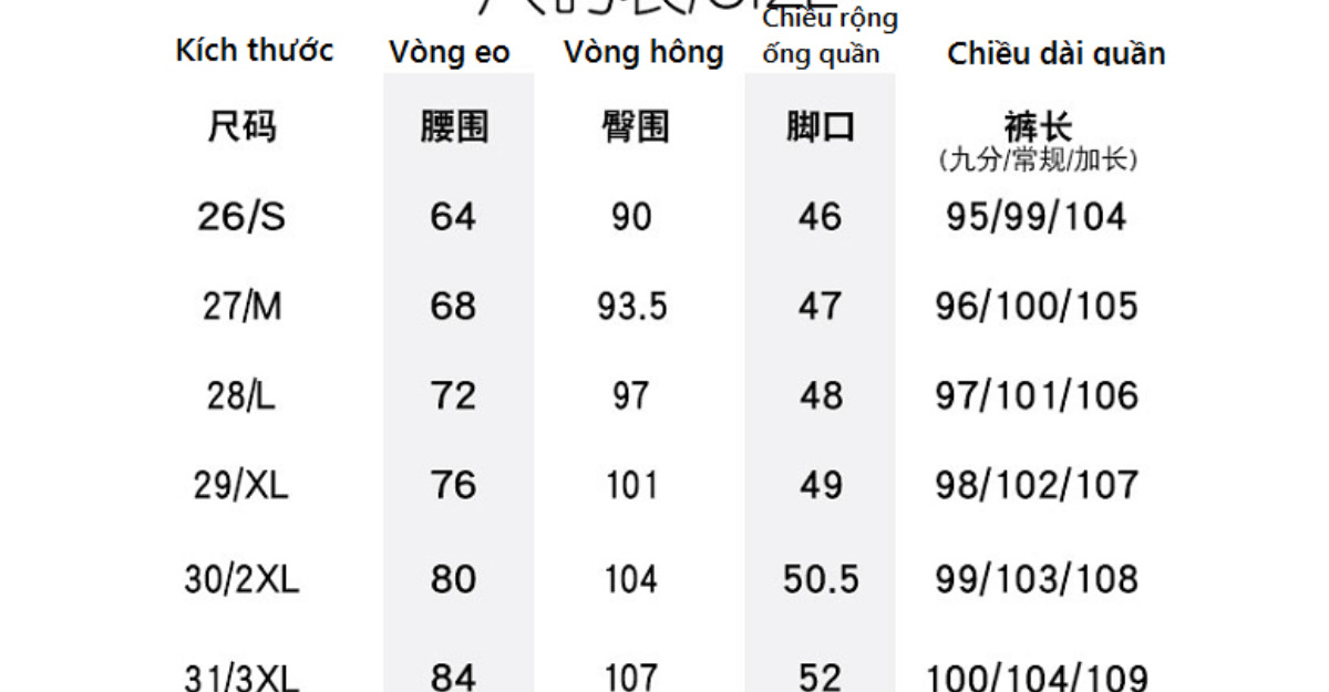 Dịch size quần áo Taobao nam- Limoseo