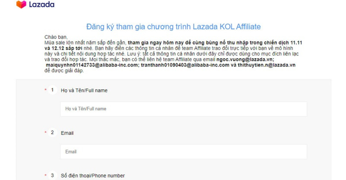 Điền form đăng ký Lazada KOL Affiliate- Limoseo