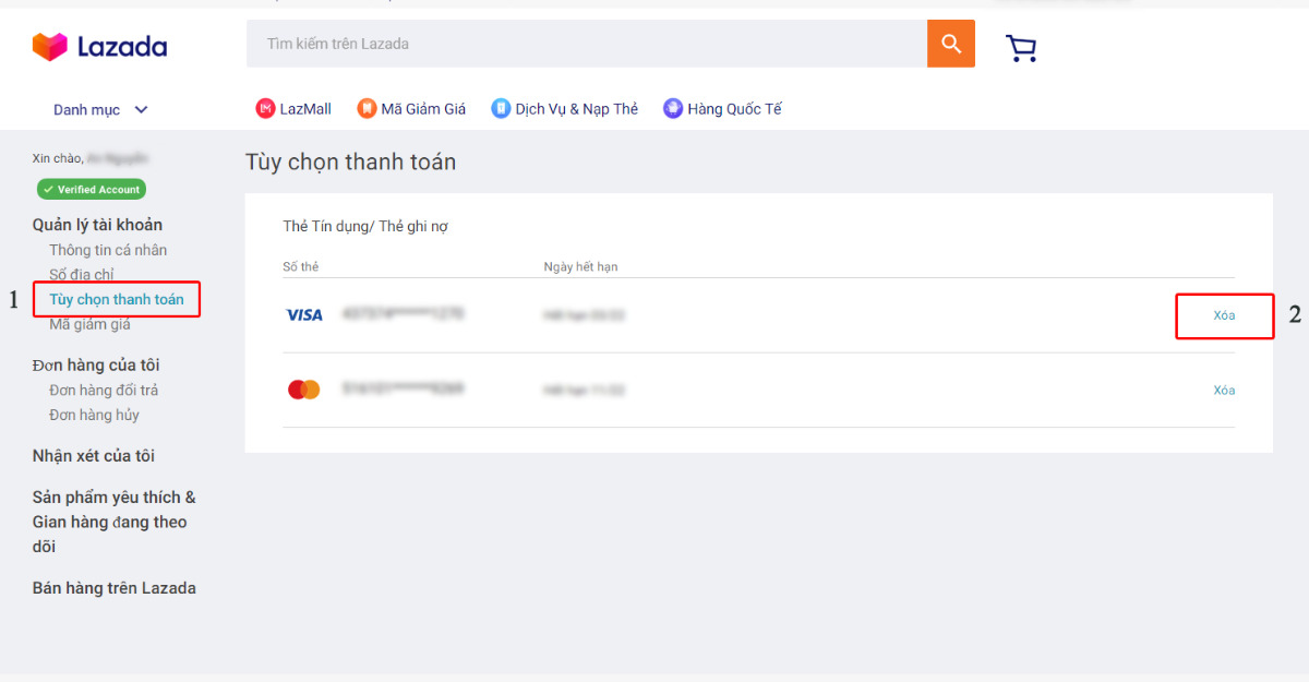Gỡ bỏ thẻ tín dụng trên Lazada và liên kết với thẻ khác
