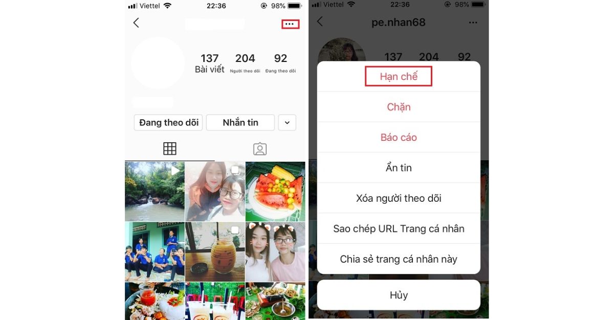Hạn chế tài khoản cá nhân Instagram trực tiếp