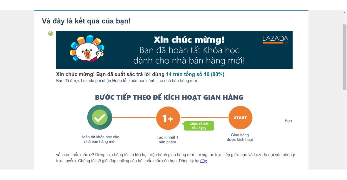 Hoàn thành khóa học trên Lazada - cách tạo gian hàng trên lazada
