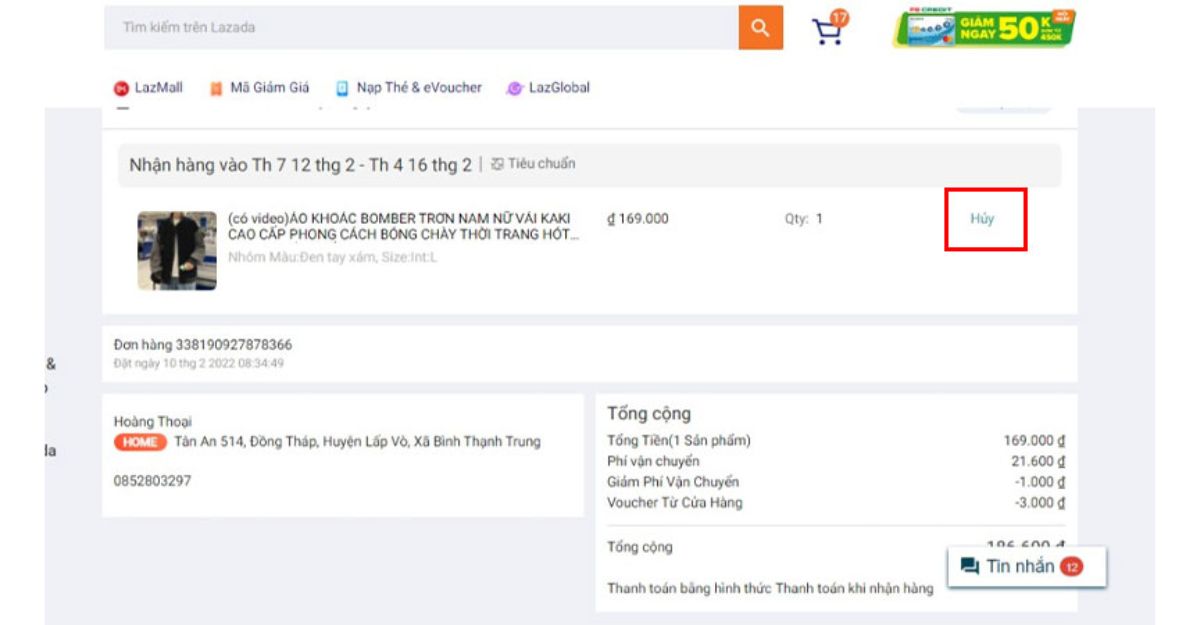 Huỷ đơn hàng trên trang web Lazada