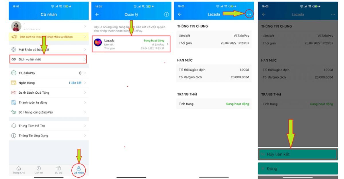 Hủy liên kết ví ZaloPay với Lazada trên ứng dụng ZaloPay