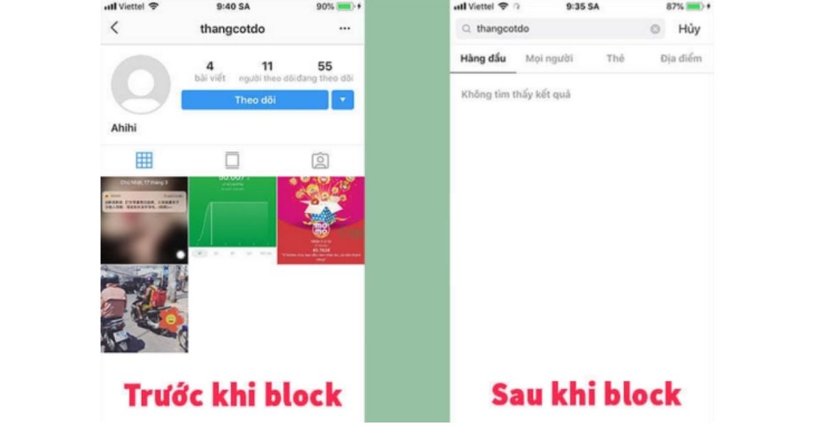 Không tìm thấy người dùng trên instagram vì chặn nhau