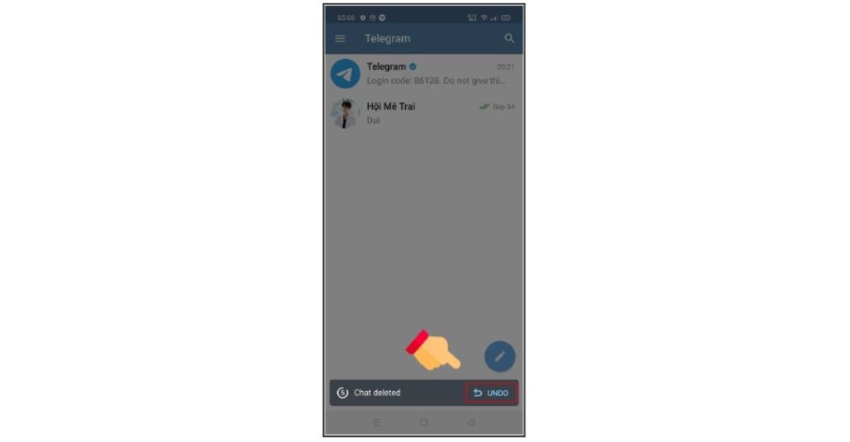 Thao tác hoàn tác tin nhắn bị xóa sau 5 giây trên ứng dụng Telegram