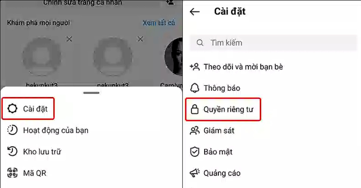 Vào cài đặt chọn quyền riêng tư- Limoseo