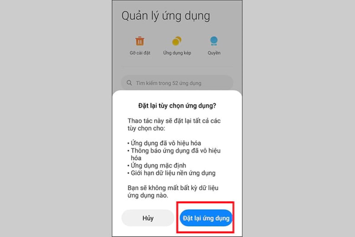 Đặt lại tùy chọn ứng dụng