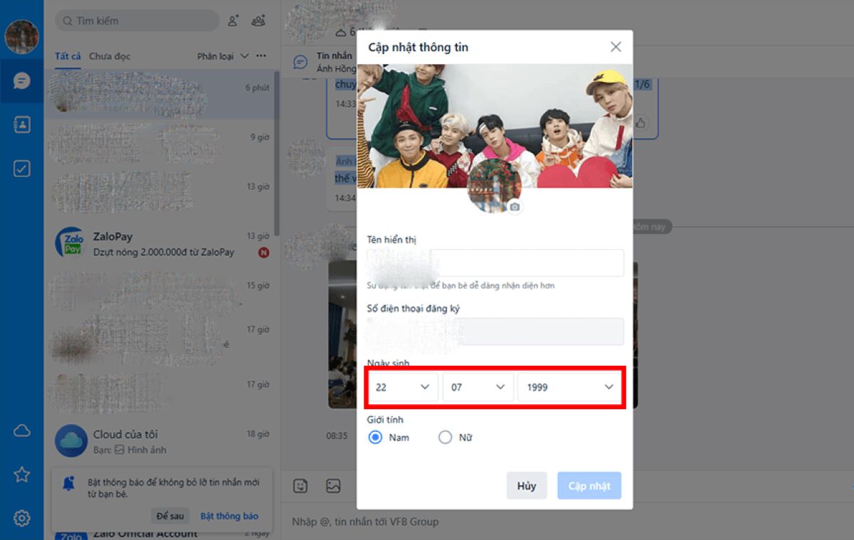 cách sửa ngày sinh trên Zalo qua máy tính