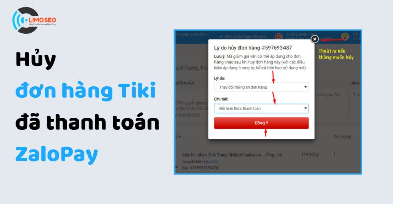 hủy đơn hàng Tiki đã thanh toán ZaloPay