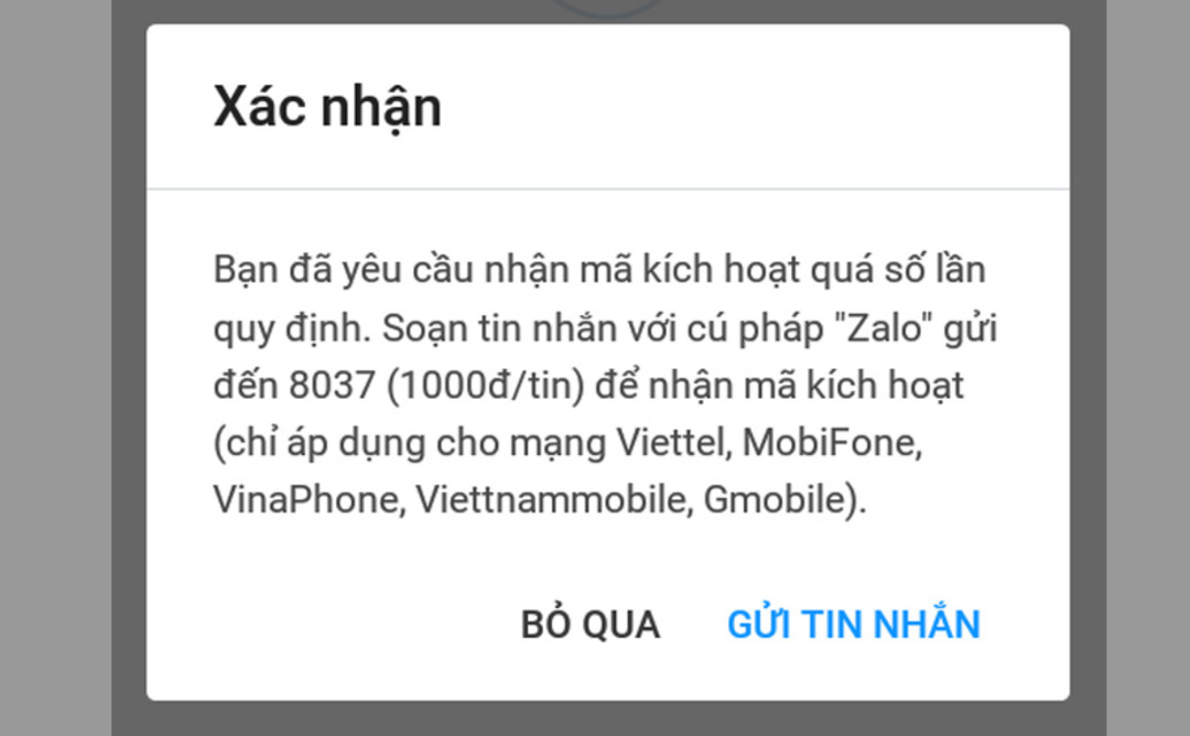 bạn đã yêu cầu nhận mã kích hoạt quá số lần quy định zalo