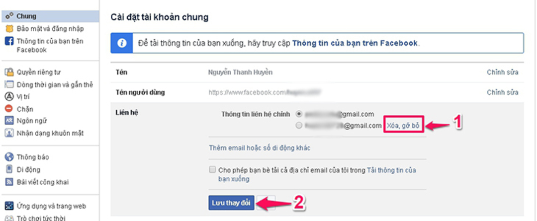 bỏ liên kết gmail với facebook