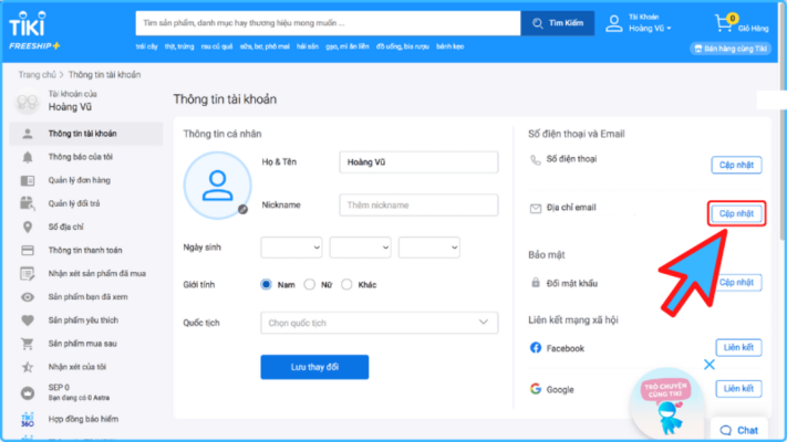 cách đổi số điện thoại trên tiki