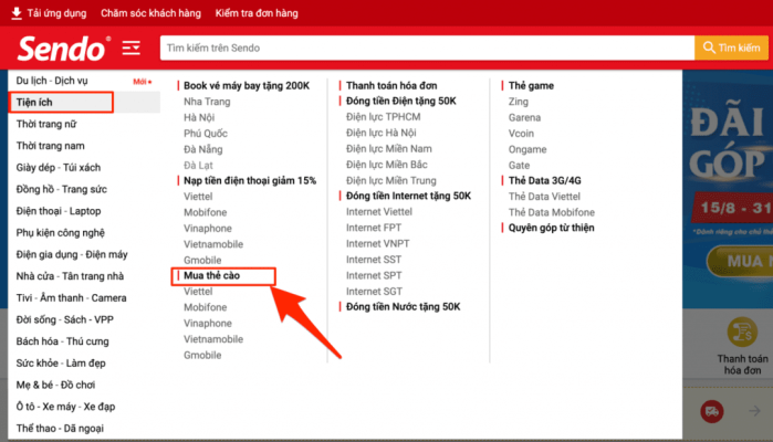 cách mua thẻ cào trên sendo