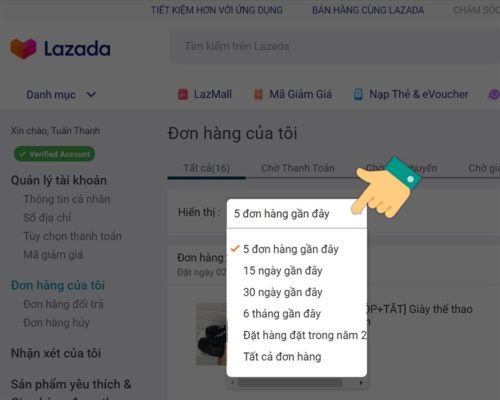 cách xem lịch sử mua hàng trên lazada