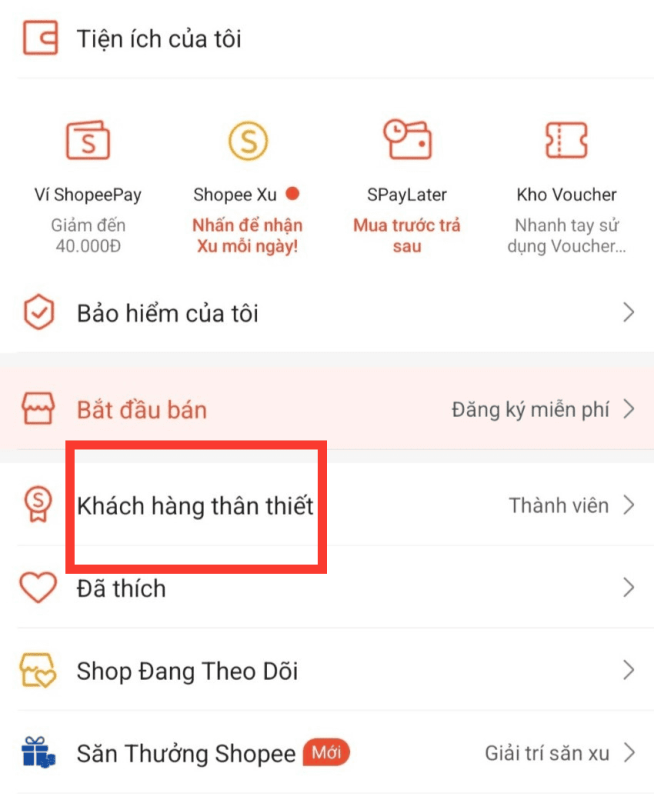 Truy cập vào mục "Khách hàng thân thiết"