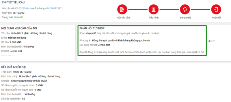 huỷ khiếu nại sendo