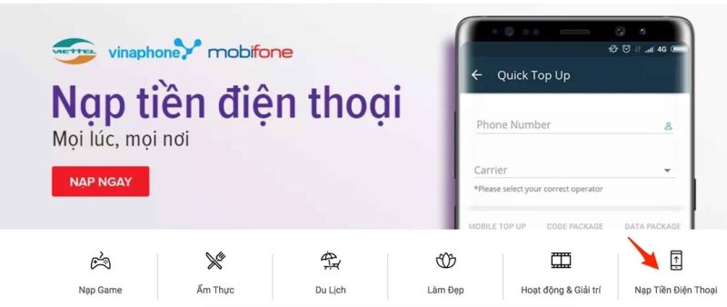 nạp điện thoại lazada