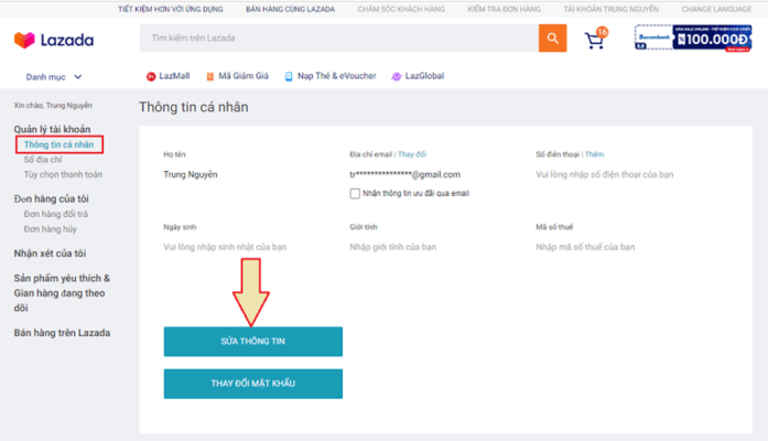 thay đổi thông tin tài khoản lazada
