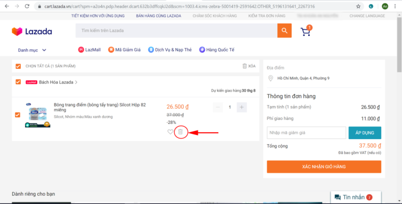 xóa sản phẩm trong giỏ hàng lazada