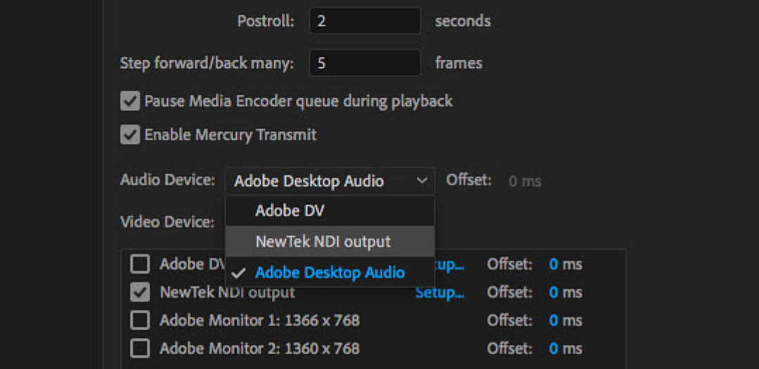 Cách khắc phục không nghe được âm thanh trong Premiere bằng tắt đầu ra NDI NewTek